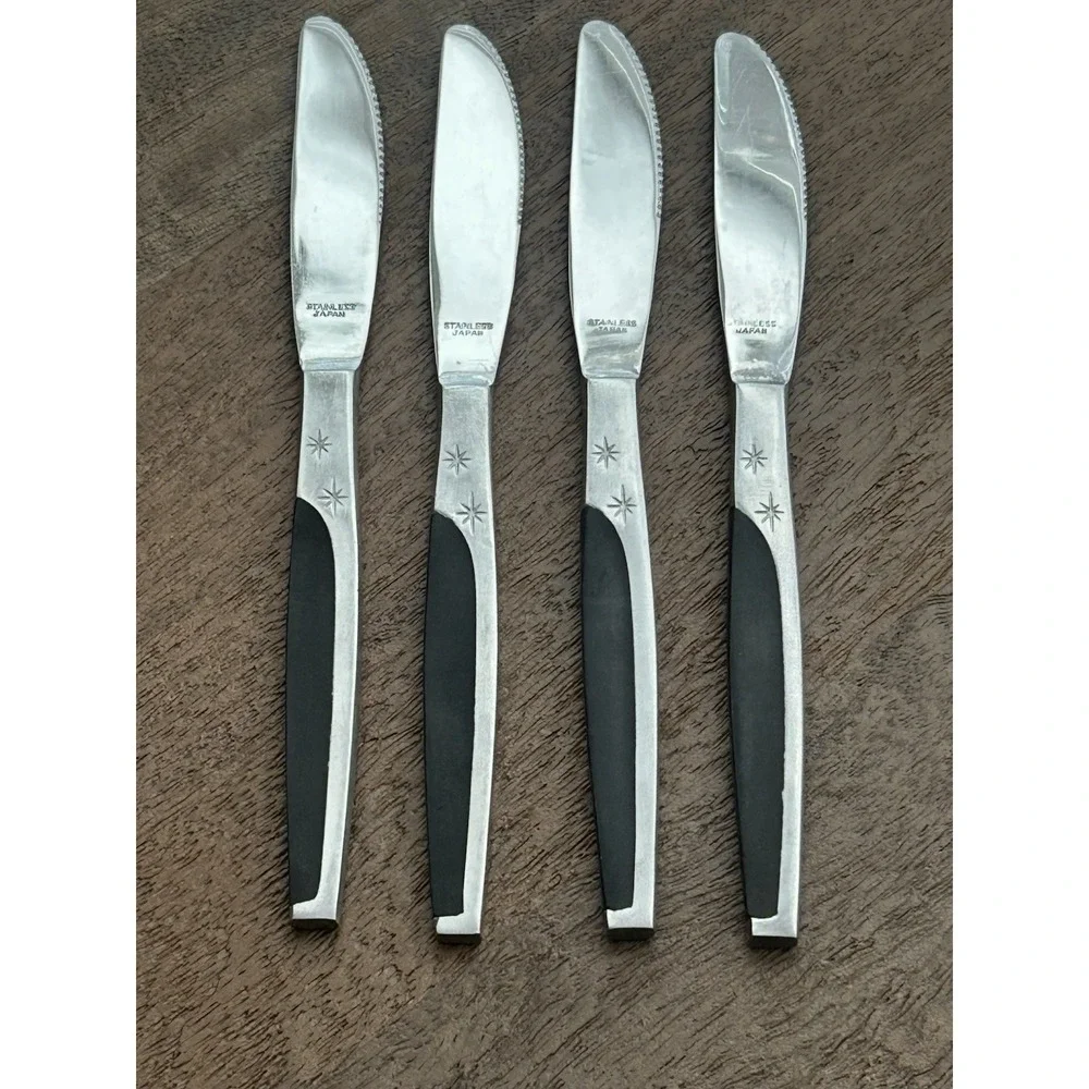 Vintage Mar-Crest Ebony 4 Butter Knives MCFMCF3 Stainless Atomic Starburst Japan